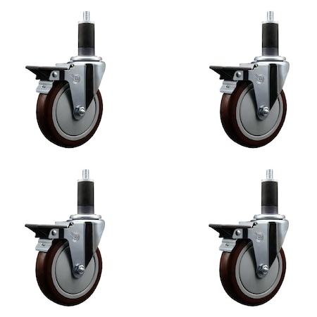 Service Caster 5'' Maroon Poly Swivel 1-1/4'' Expanding Stem Caster Set with Brake, 4PK SCC-EX20S514-PPUB-MRN-PLB-114-4
